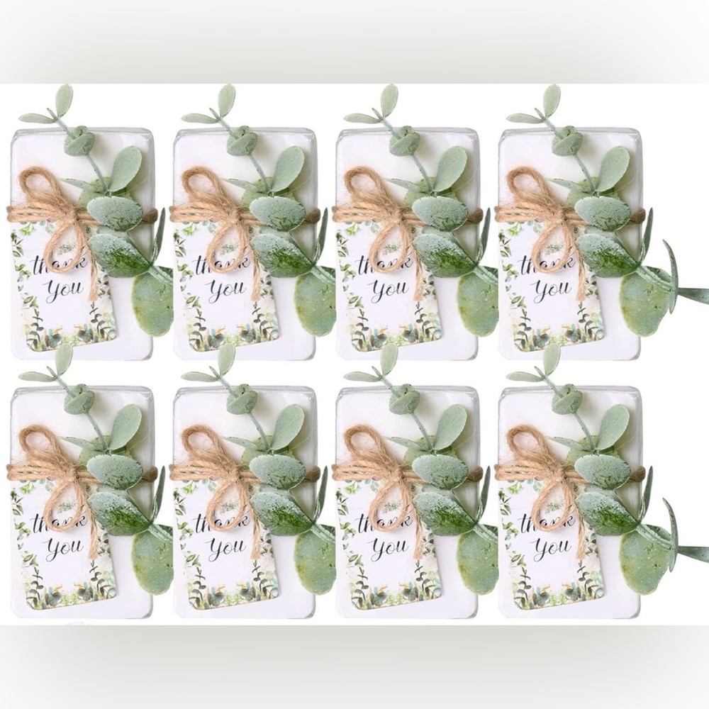 8~Sets Mini Soap & Rustic Green Eucalyptus Tags w Twine Thank You Gift & Cards